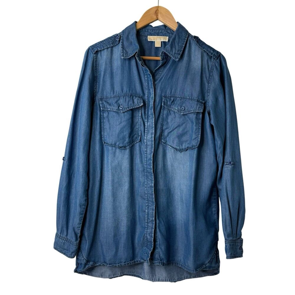 Michael Kors Women Chambray Shirt Size 4 Button Up Long Roll Tab Sleeve Cowgirl